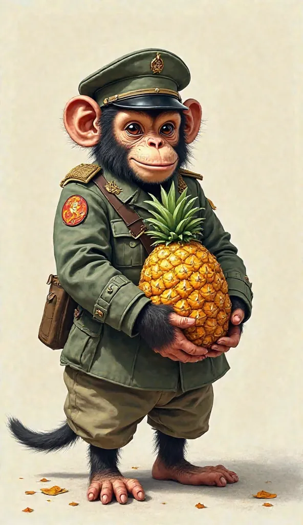 1 monkey dressed as a soldier carries a pineapple