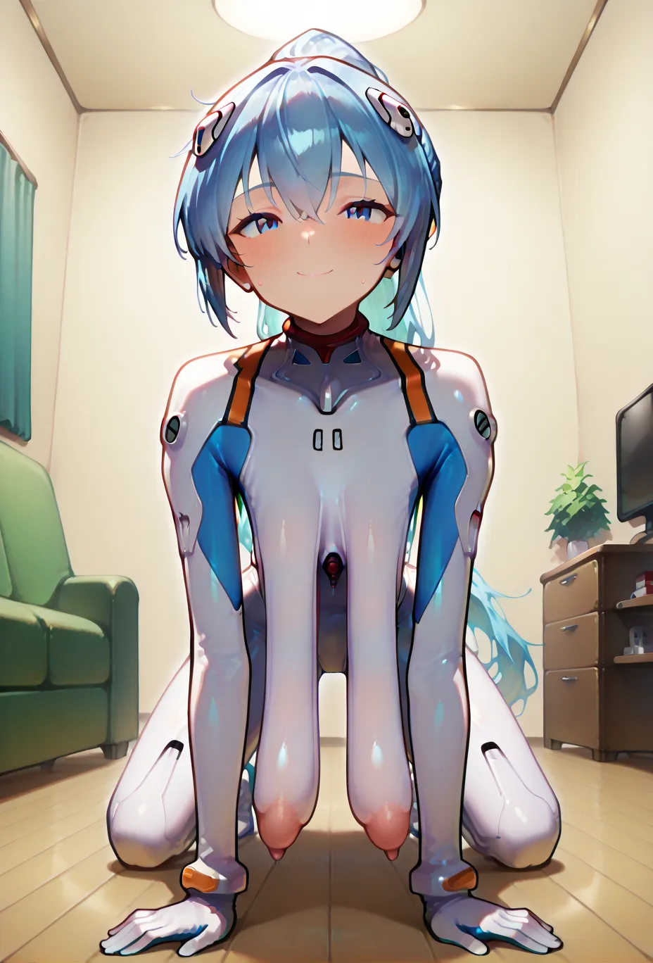 masterpiece, best quality, LaTeX white plug suit,  very_length_chest, Rei Ayanami、on all fours, watching viewers, sagging chest,  very長いchest, thin chest, indoors, living room,Rei Ayanamiの太くて長いchest、 very太くて長いchest、Rei Ayanamiのプラグスーツ、Top Nipples