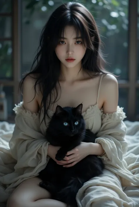 
Naked Japanese woman sits with legs spread and holds a black cat with blue eyes