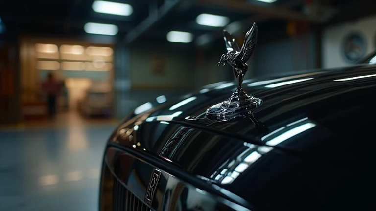 A luxurious garage with ambient lighting reflecting off the glossy black surface of the Rolls-Royce Wraith. The Spirit of Ecstasy emblem gleams under a soft spotlight, creating an aura of exclusivity.
