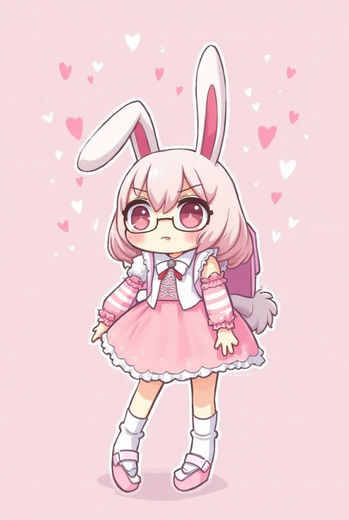 Anime Character Girl Eepy Bunny backpack Pink Cute Blushy Surprised Face Low Glasses cutest bunny Waist Lace Pink Ribbon Striped Arm Warmers Cute Y2K Silver Heart Wavy Half up Half Down(Pink) 3.0 Light Pink Heart Royal Dress w roses pastel pink cutecore so...