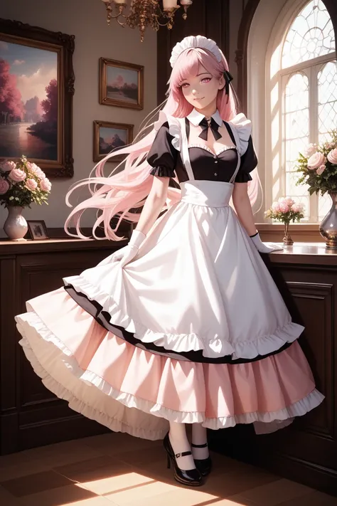 Please draw a Japanese anime illustration. A girl with beautiful eyes, long pink hair, and pink eyes. Clothes are maid clothes