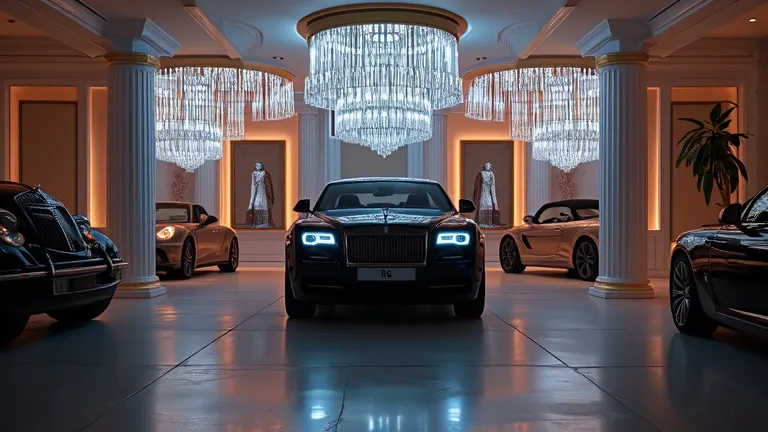 The soft, ambient glow of a crystal chandelier hanging above the Rolls-Royce Wraith in a private collector’s luxury garage, highlighting the car’s status as a masterpiece.
