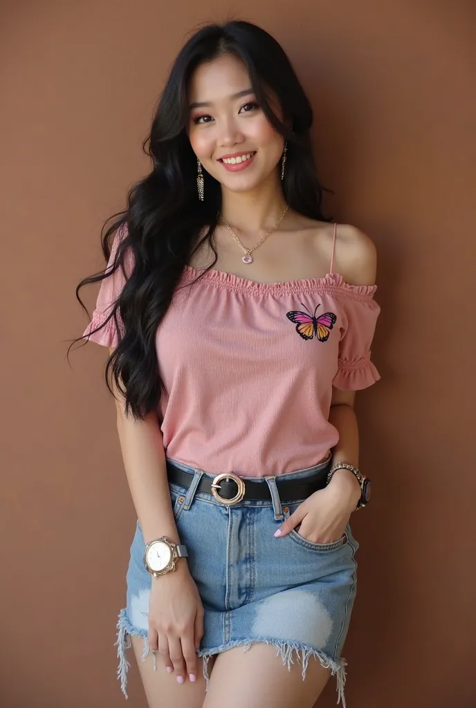 A beautiful thai woman chubby sm👖iling sweetly with long black waivy hair and she wearing a pink color  butterfly  top and jeans mini skirt and  boots with watch earrings and necklace the background is standing on the wall , the picture is real and the bac...