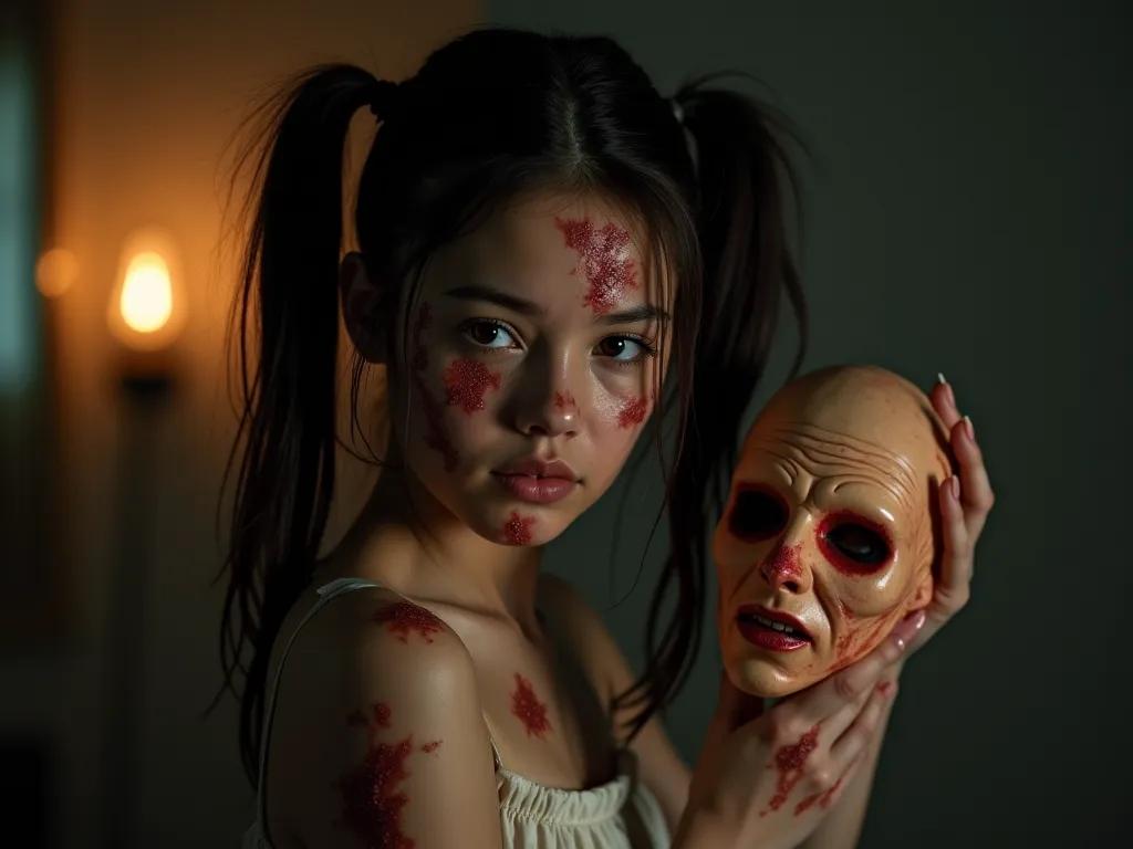 A young woman with dark hair tied in pigtails, her face covered in severe, scar-like burns, holds up a realistic-looking human skin mask. She has an intense, focused expression as she examines the mask. The lighting is dim and moody, casting eerie shadows....