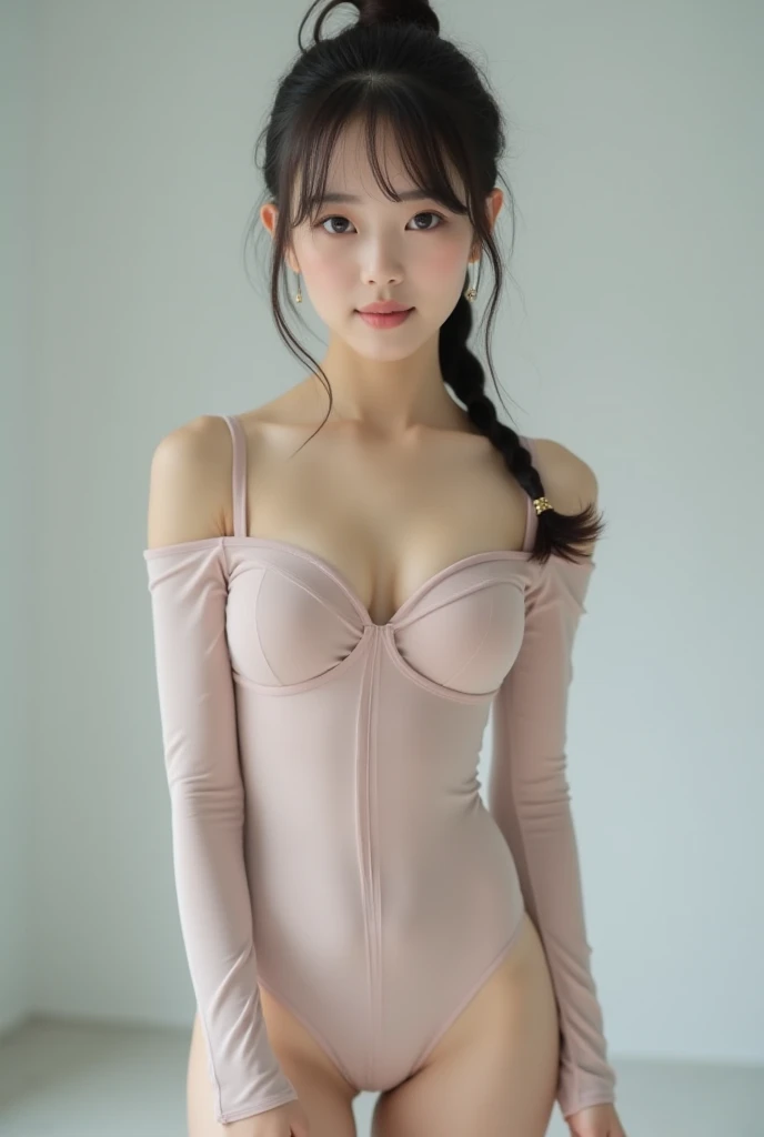 Cute 18 year old Japanese high school girl 、 very cute face、Very fair skin、Pear-shaped  body type、Not Korean-like、No Korean characteristics、photograph、Actual item、Super tight, ultra-thin transparent rubber long sleeve leotard、 Sexy Leotard with Wide Open C...