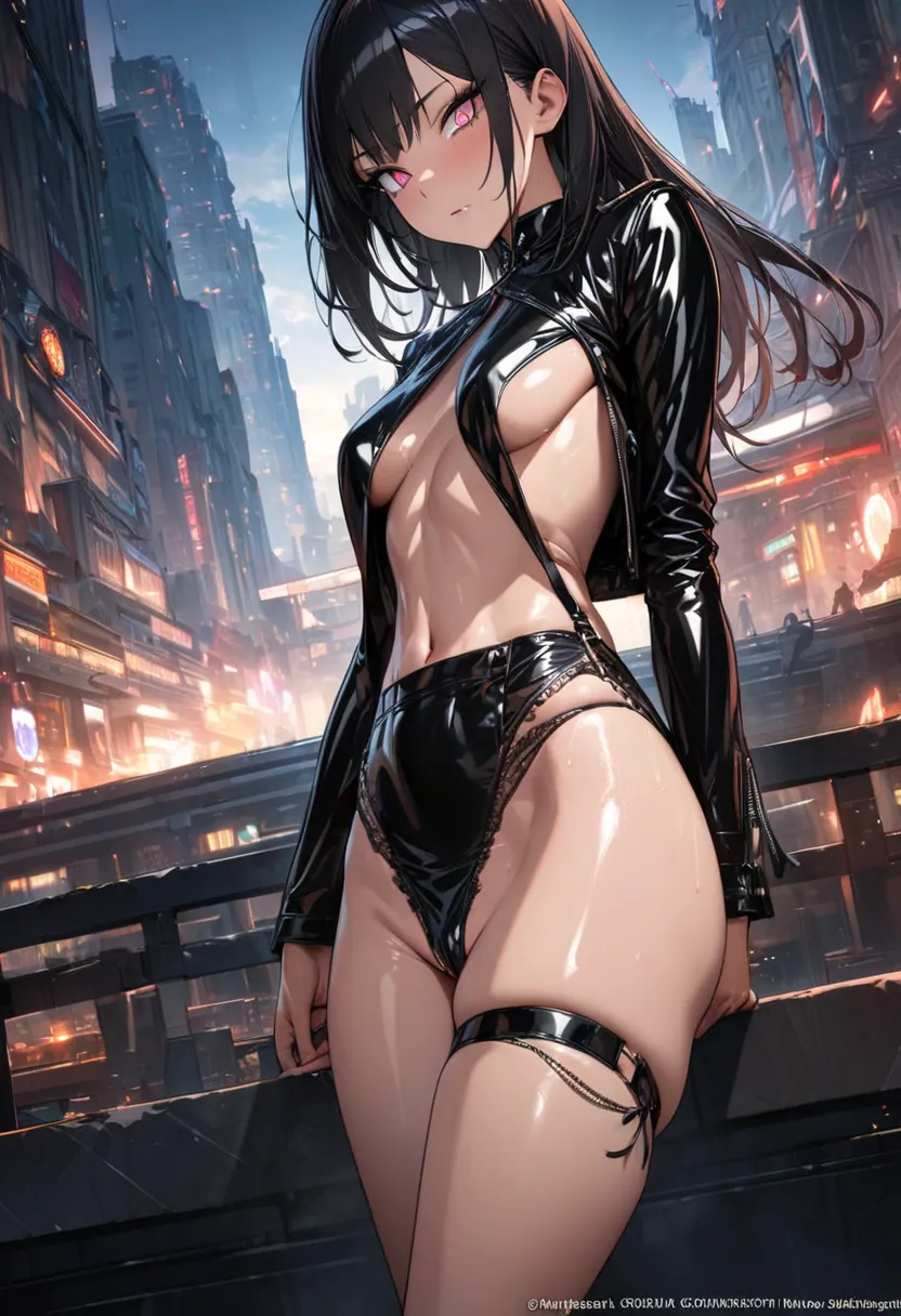 (masterpiece, best quality, highres,very detailed depiction,16K),(shiny skin,sleek skin:1.2),(shiny leather jacket,Leather micro mini slit skirt with side lace),dewy skin,revealing clothing,leg ring,very detailed pelvis,Groin,very detailed inguinal area,lo...