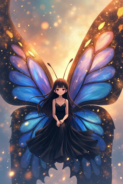 An anime style An ethereal anime-style scene featuring a young girl sitting gracefully at the center of a pair of magnificent butterfly wings. The wings are vast, painted in mesmerizing hues of deep blues, purples, and golden orange, with soft, painterly t...