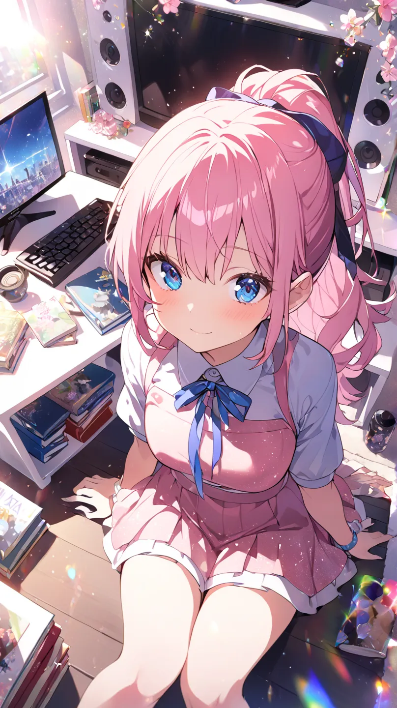 1 girl, room、tv set、Books棚、 table、Books、flower、Blue Eyes, Pink color、ponytail、sit、 flared skirt seen from below、Accessory, from above、Wide angleショット, Wide angle, Dutch Angle, glitter effect, blurred background, lens flare, 