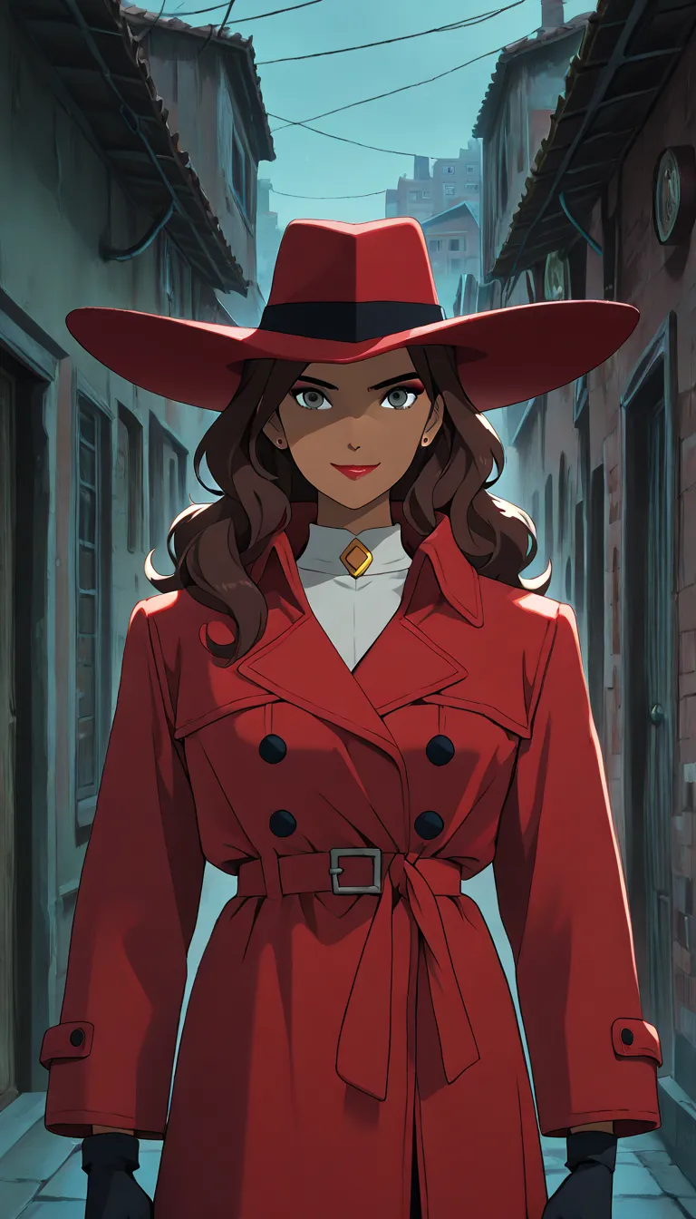 (1girl, Carmen Sandiego), (extremely detailed CG unit 8k wallpaper),(master part), (best quality), (ultra detail), (best illustration),(ghibli_style), cowboy shot, standing, , facing viewer, looking at viewer, perfect face, perfect eyes, perfect fingers, (...