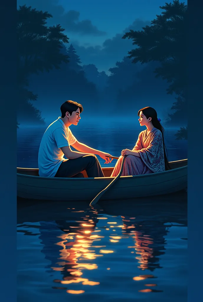 An anime style illustration mesmerizing and intimate night-time boat ride on a calm river, illuminated by the soft glow of a hidden light source. A young man and woman sit in a small wooden boat, their gazes locked in a deep, unspoken connection. The man, ...