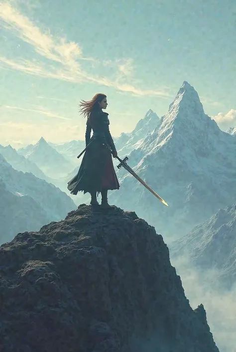 At the top of the mountain was a woman holding sword  