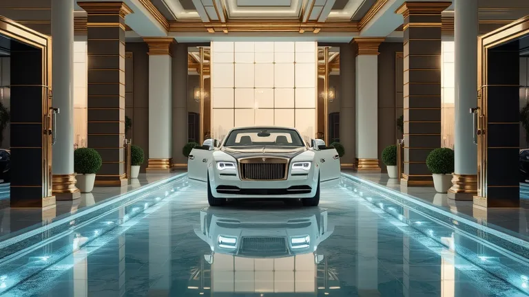 A luxury garage with gold-accented pillars and a crystal-clear floor, reflecting the stunning image of the Rolls-Royce Wraith from above.
