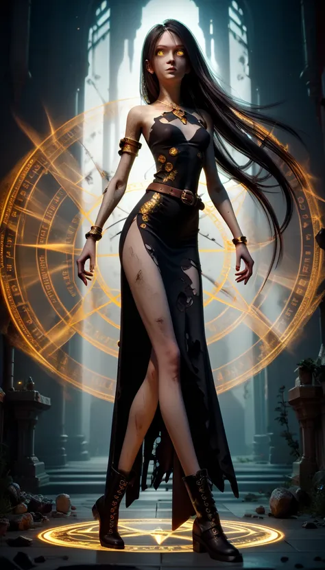 ((1girl, solo ,alone, long hair, yellow eyes, woman, sexy pose, slim long legs body, Extremely detailed, ambient soft lighting, 4k, perfect eyes, a perfect face, ((woman necromancer, black short mini-dress, black ankle boots, gold jewelry, gold bracelets, ...