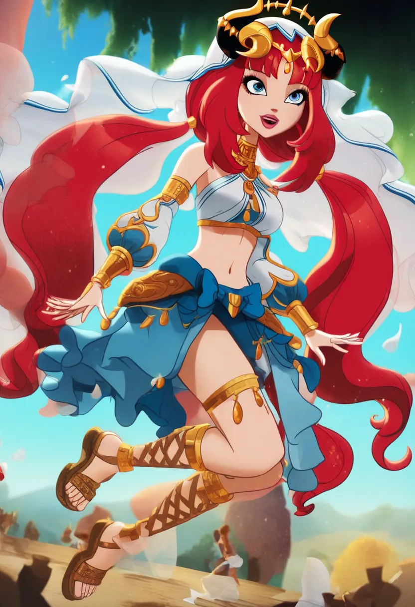 tmasterpiece，Best quality at best，looking at viewert，nilou, red hair, twintails, blue eyes, long hair,
blue skirt, bracer, circlet, crop top, dancer, detached sleeves, fake horns, gladiator sandals, gold footwear, gold trim, horns, jewelry, long sleeves, n...