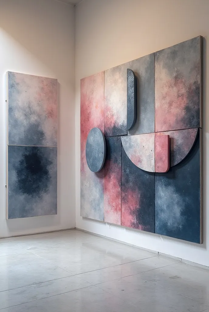 Abstract art tableaus hanging in room with colors grey ,dark blue and baby pink.