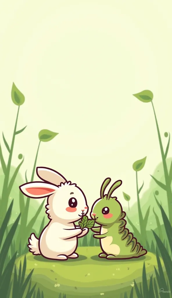  a rabbit，A caterpillar，They eat leaves together。 stick figure style 。