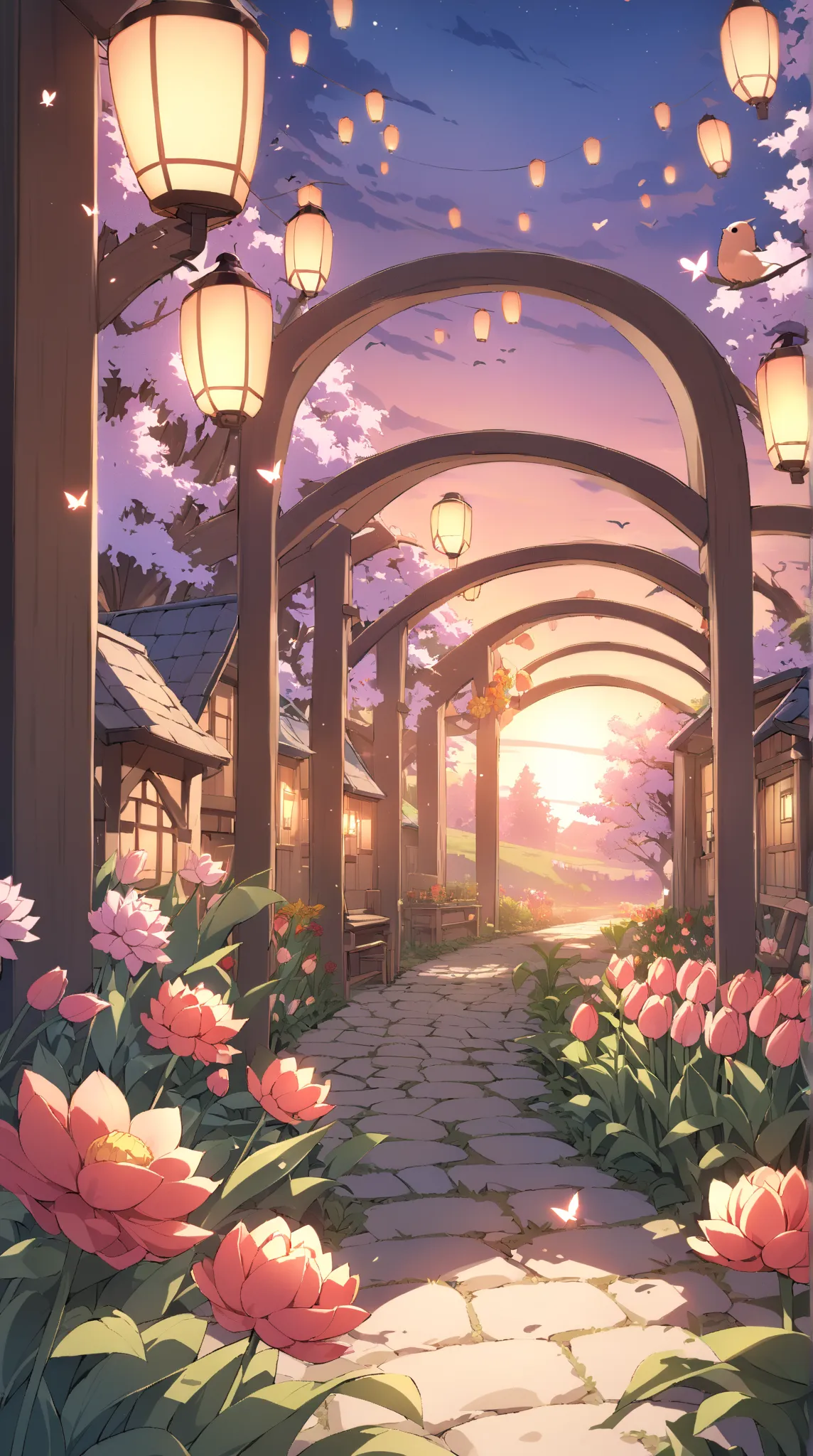 "A long cobblestone path lined with blooming double tulips and dahlias, gently swaying in the breeze. Soft, glowing lanterns and weathered wooden arches light up the path, creating a nostalgic and romantic atmosphere. In the distance, the path leads to a m...