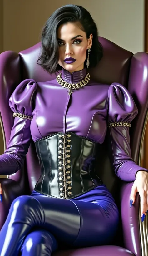 Angelina jolie, sit on a shinny purple vinyl chair, vampire, bloos, nosferatu, dracula, governant, pale skin, mistress, dominatrix, latex, metalic, metalic chains, metalic earings, purple latex heavy high neck blouse, puffy latex sleeves, black latex heavy...