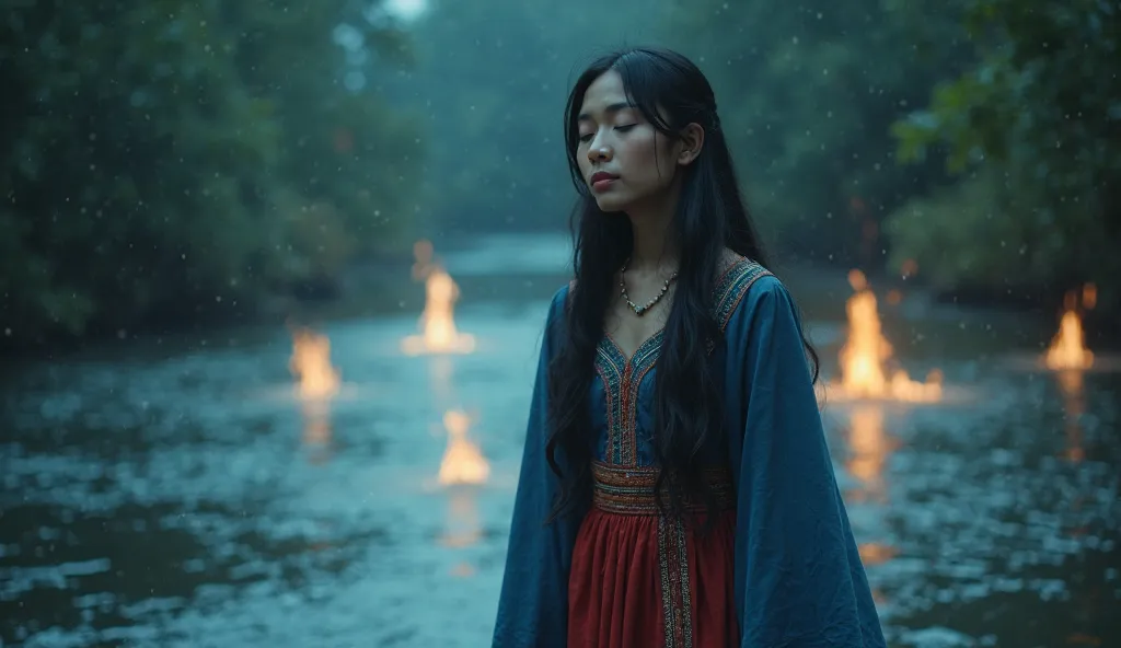 cinematic style

"Princess Among" (A Malaysian woman with long black hair is wearing a long tribal-looking dress that is blue on top, has a long-sleeved dress, and a red dress on the bottom)  with eyes closed, speaking softly to glowing, ethereal spirits r...