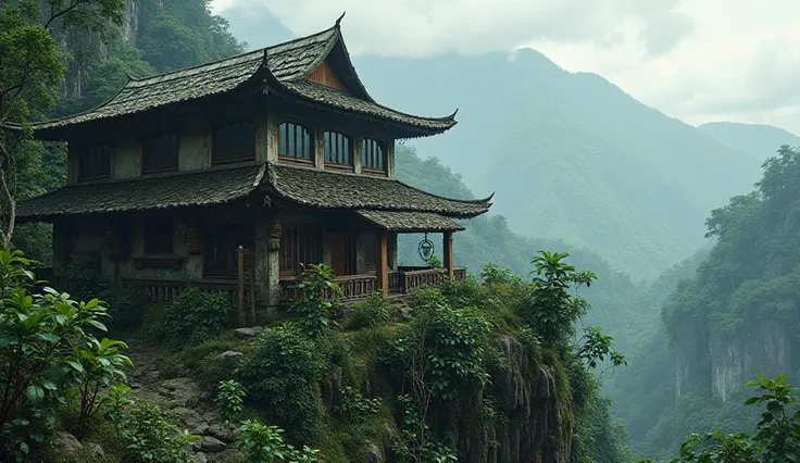 Make a horror old Javanese house that looks like a tropical mountain from the outside behind it