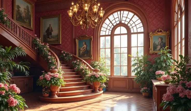 Create a luxurious interior scene featuring a grand wooden staircase spiraling upward, surrounded by flourishing flowers in shades of pink and green. The walls should be covered in deep red damask wallpaper, accented by golden picture frames displaying cla...