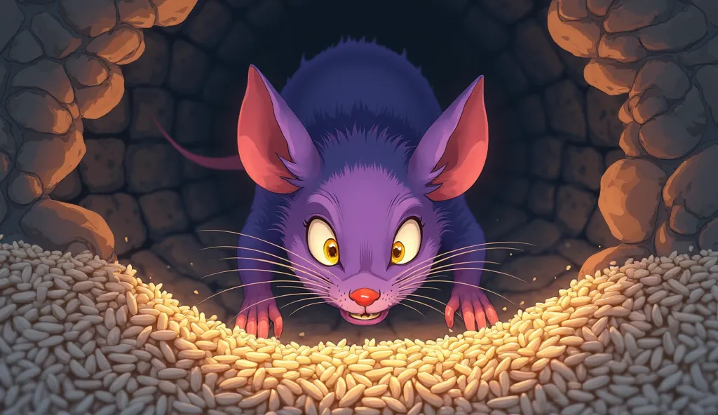 (Highest quality, masterpiece, High resolution)、4K Anime Art、Soft Light, The visiting purple colour rat, eyes gleaming with greed, stared at the overflowing pile of rice and excitedly said, "If I stay with you, I can also enjoy this wealth!" Its whiskers t...