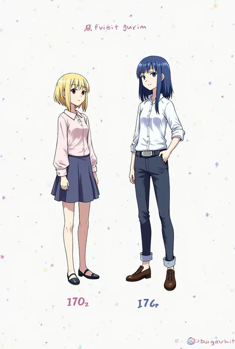 One Place anime form / The first girl has blond hair and dark brown eyes, wears a skirt and a shirt, her height is 170 and the second girl has dark blue hair and sky blue eyes, wears a skirt and a shirt, her height is 166