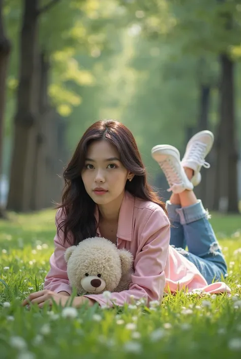 Beautiful Vietnamese woman wearing pink jacket picture of Teddy bear,Teared long jeans, nike sneakers , on her stomach on green grass facing forward against green grass backgroundand realistic green trees ,HD 8K.