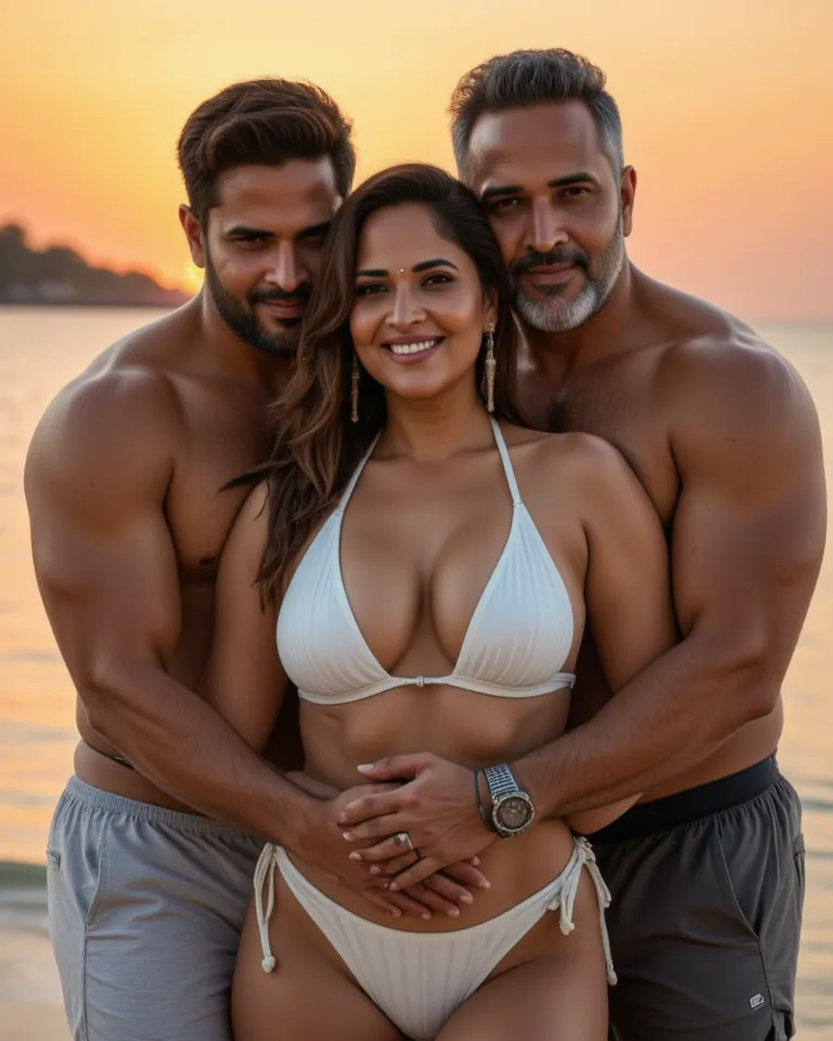 Ruhani and two Indian men, are embracing on a beach at sunset. The woman, of South Asian descent and appearing to be in her 30s, is wearing a white slutty cross-neck bikini. Big breast, deep cleavage. She has a pleasant expression and is positioned in the ...