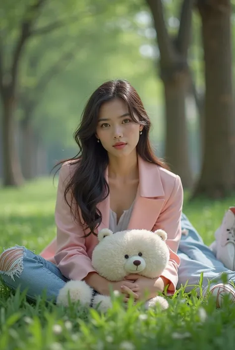 Beautiful Vietnamese woman wearing pink jacket picture of Teddy bear,Teared long jeans, nike sneakers , on her stomach on green grass facing forward against green grass backgroundand realistic green trees ,HD 8K.