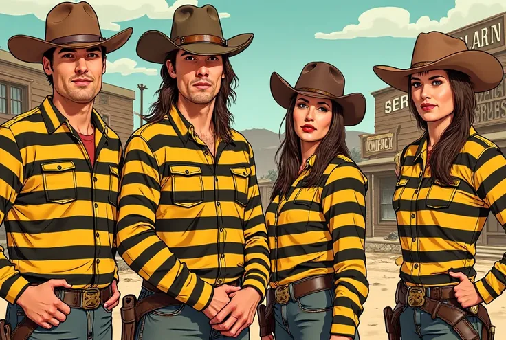 A group of four bandits in the style of the Dalton Brothers from Lucky Luke, but with the real faces from the original photo. On the left stands a man, while the other three people are women. They wear the iconic yellow and black striped prisoner outfits o...