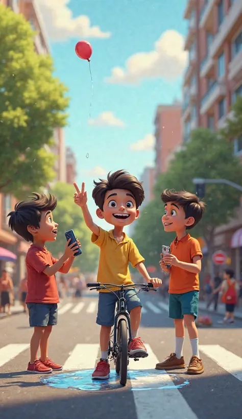 Create 3D Cartoon Style Image Scene .2 One of the boys, Kabir, getting ready to throw a water balloon. His hand is raised, aiming at a cyclist who is unknowingly approaching. The other boys are laughing and recording the scene on a smartphone. The backgrou...