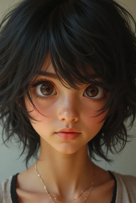 thick short black hair with  short bangs/Messy Side Swept but thick,Skin color:warm undertone/natural,Eyes:"close set eyes" + "dark brown eyes" and Face:"triangular face shape" age 17