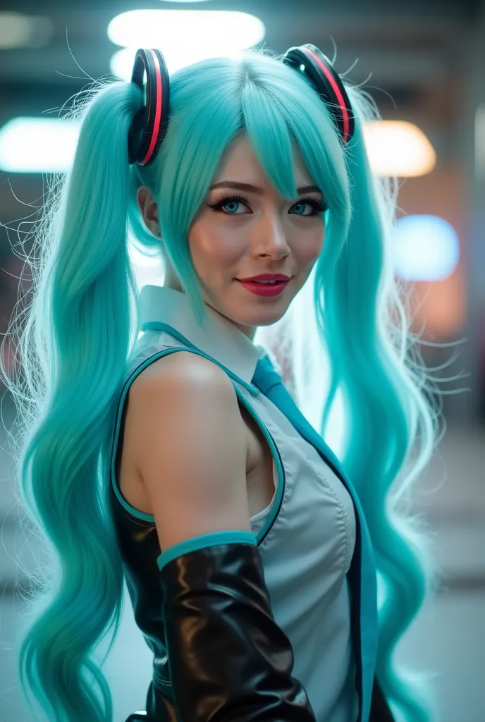 "A hyper-realistic full-body portrait of a young woman wearing a stunning Hatsune Miku cosplay, standing in a confident and dynamic pose. Her outfit is an exact replica of Miku’s signature attire: a sleeveless white blouse with cyan and black details, a bl...