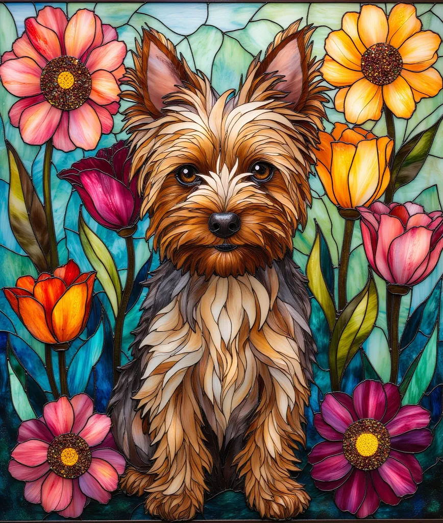 image to image .small Yorkie dog with fluffy tan and gray fur. Stained glass, vibrant flower garden. Colorful glass pieces with bold lead lines, cheerful style