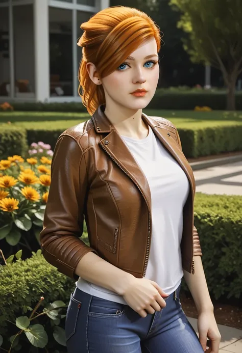 score_9, score_8_up, score_7_up, source_photo, photo, photorealism, 4k, 8k, absurdres, best quality, intricate, hyper detailed, REALISTIC, SpiderMaryJ, 1girl, orange hair, blue eyes, looking away from viewer, wearing brown leather jacket with white t-shirt...