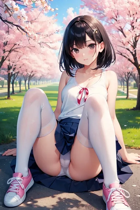 ((8k,Greatest Masterpiece,realistic images,Japanese,Perfect human anatomy,Body balance,Complete Proximity,  girl )),from before, innocent face, gentle eyes,like, beautiful feet, short white tank top ,short navy blue skirt, black hair, semi-long,noon, brigh...