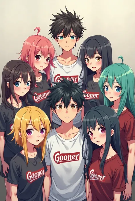 Make me look like anime men wearing gooner tshirts,On the left there are 3 cute anime girls Dan tsundere, 1: yellow hair,2:black colored,3 dyed cyan, on the right, 3 cute anime girls Dan tsundere,1: hair dyed silver,2:hair dyed green,3:hair dyed pink,make ...