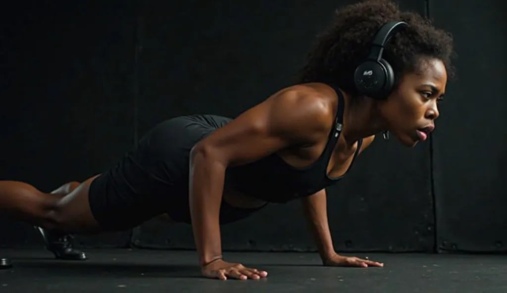 Realistic image and side view of a disciplined young black woman doing push-ups, wearing a headset on her head. Let the background be dark