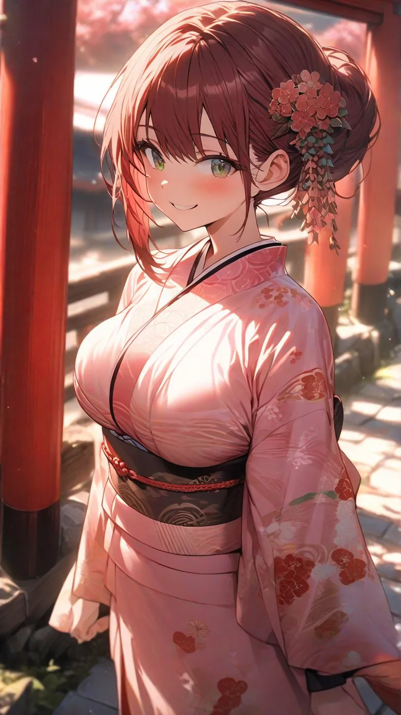 best quality,２D,1 girl,22yo,slender,fair skin,burgundy color hair,layer cut hair, chignon hair, flower hair ornament, dark green eye,smile, enjoy, red cheek, F cup breast, pink kimono, shrine, blurry background, from front, full body, natural lighting, amb...