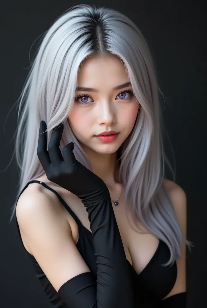 photorealistic, Beautiful girl, delightful, Light_Red lip gloss, focus on your face, looking at viewer, closeup shot, long hair, silver hair, detailed eyes, purple eyes, mat black dress, mat black gloves, mat black background, haruka