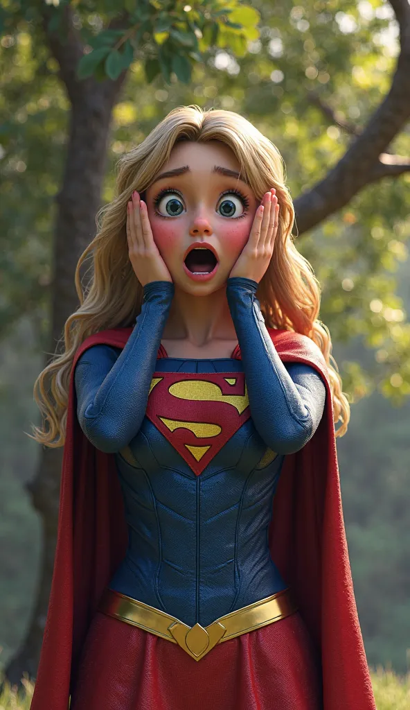 supergirl standing infront of tree , hands on her face in a shocking way , shocked face , mouth open.3d