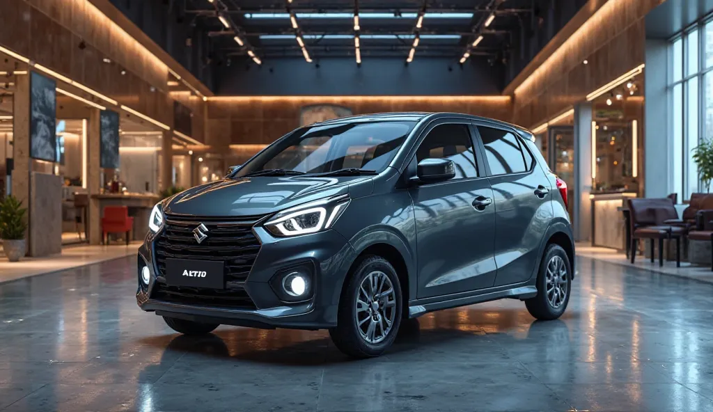 futuristic 2025 Maruti Suzuki Alto K10 parked inside a luxury showroom with an inviting floor. The car maintains its sleek dark metallic color, featuring an aggressive front grille, LED headlights, and sporty aesthetics. The showroom has a modern high-end ...