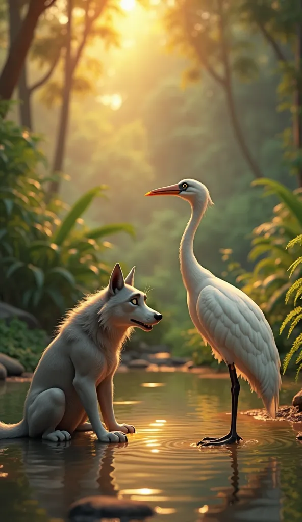 Create a Disney Pixar-style medium close-up shot of a large, gray wolf crouched low, pleading with a tall, elegant white crane in a jungle clearing near a pond. The wolf is placed to the left, his eyes desperate, mouth open slightly, revealing the stuck bo...