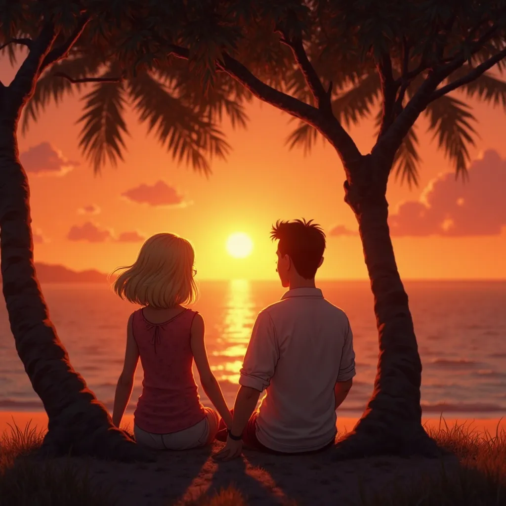 The silhouette of a woman and a man, around forty-five to fifty years old—the woman with shoulder-length blonde hair, the man with closely cropped hair—sitting on a tree on the beach, holding hands and looking at the sea and the sunset, Pixar style.