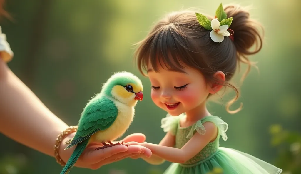 Beautiful bird , shinning body, green white , beautiful animted,close picture, sitting on beautiful baby hand ,baby smily face , beautiful dress,Muslim baby girl,green dress,