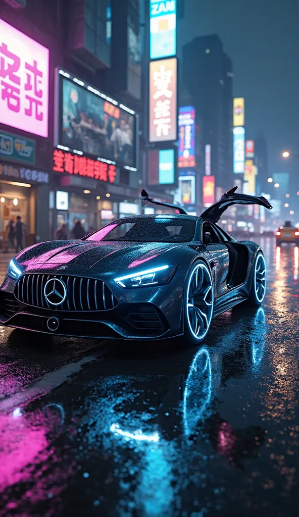 "Futuristic Mercedes-Benz, which does not exist in reality, shot from the side in a metropolis at night with neon lights. The glossy body reflects bright advertising signs and city lights, creating the effect of a cyberpunk future. The door is open in the ...