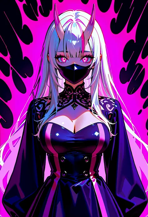 1 woman, long hair, white hair, pink eyes, pink oni horns, wearing a black mask, dressed in a black dress with pink stripes, a pink aura.