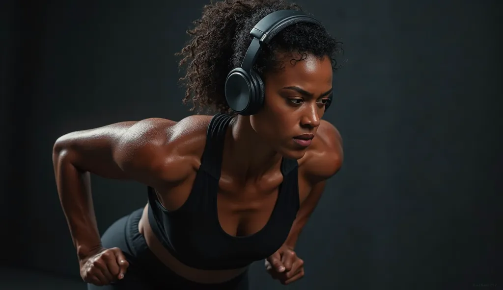 Realistic image of a young black woman doing exercise, wearing a headset on her head. Let the background be dark